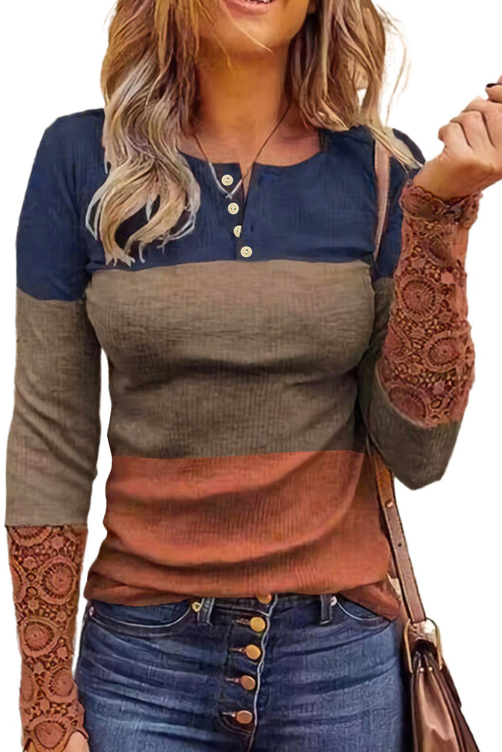 Camisa henley con mangas de crochet y encaje acanalado con bloques de color para mujer