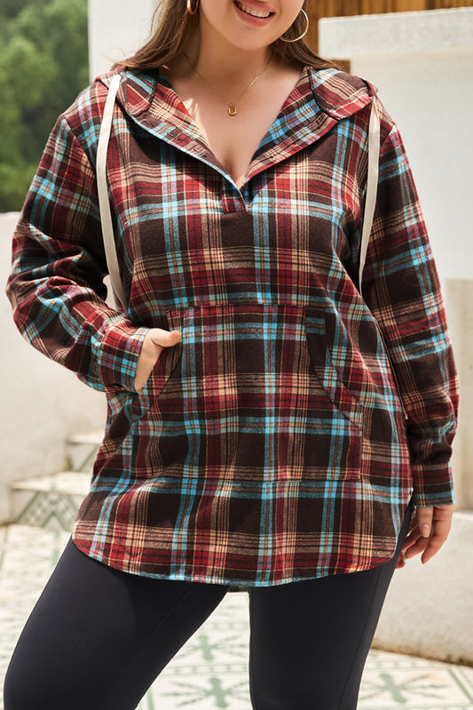 Red Plus Size Plaid Kangaroo Pocket Drawstring Hoodie