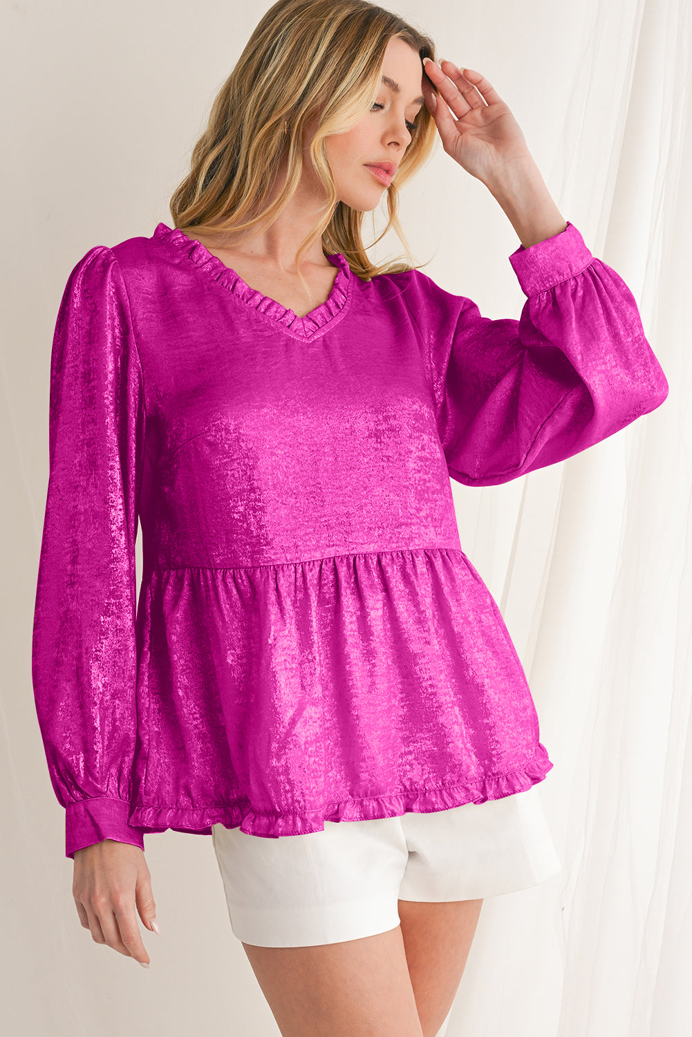Gold Metallic Frill V Neck Puff Sleeve Babydoll Blouse