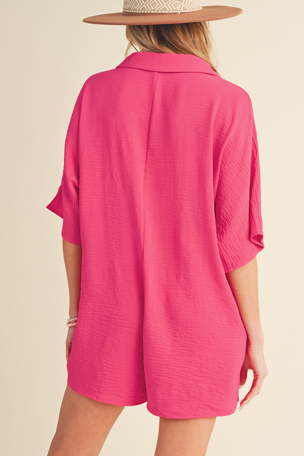 Bright Pink Plain Half Button Collared Pocket Loose Romper