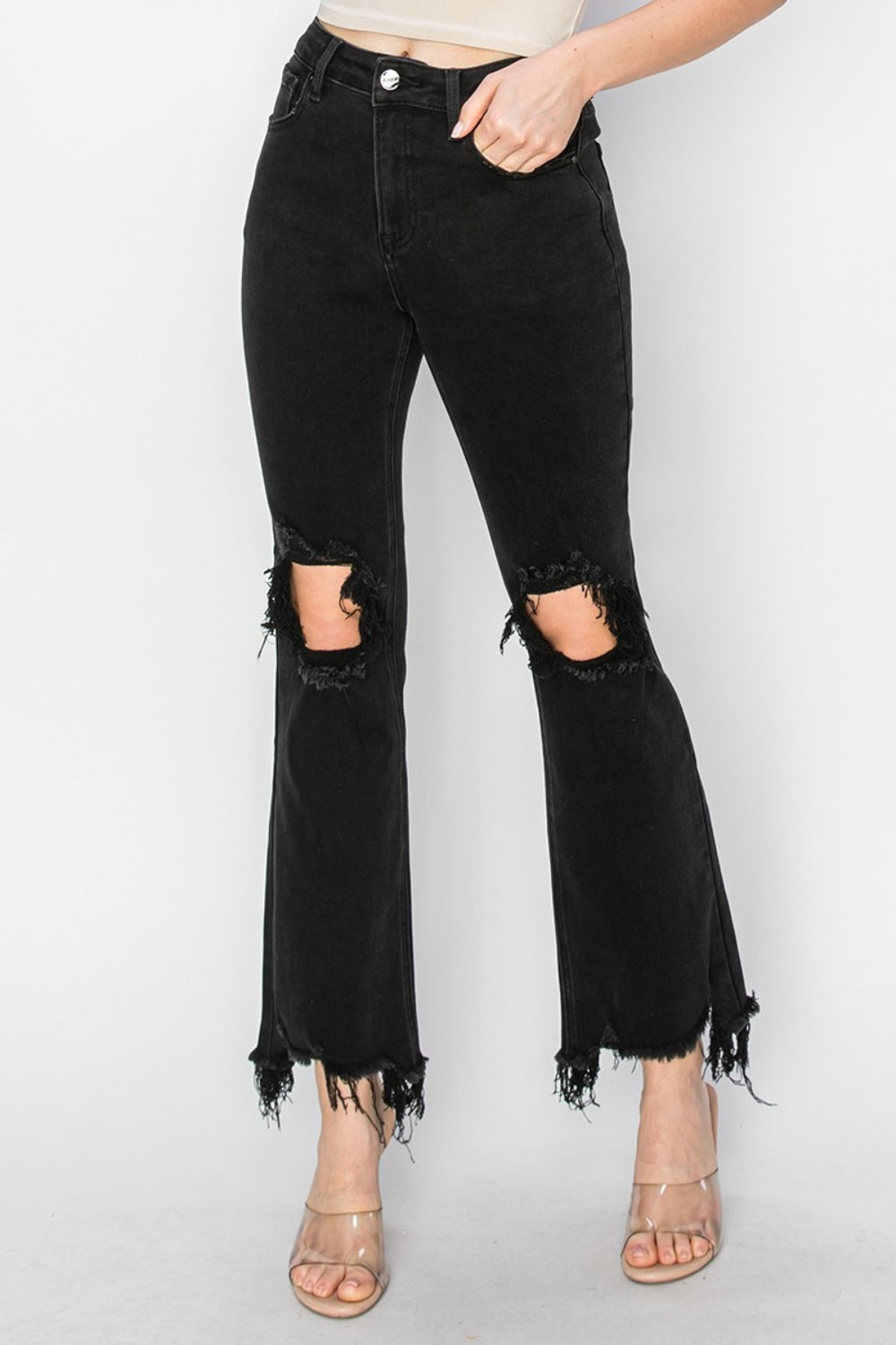 RISEN Full Size Distressed Raw Hem Jeans with Pockets | REG - PLUS