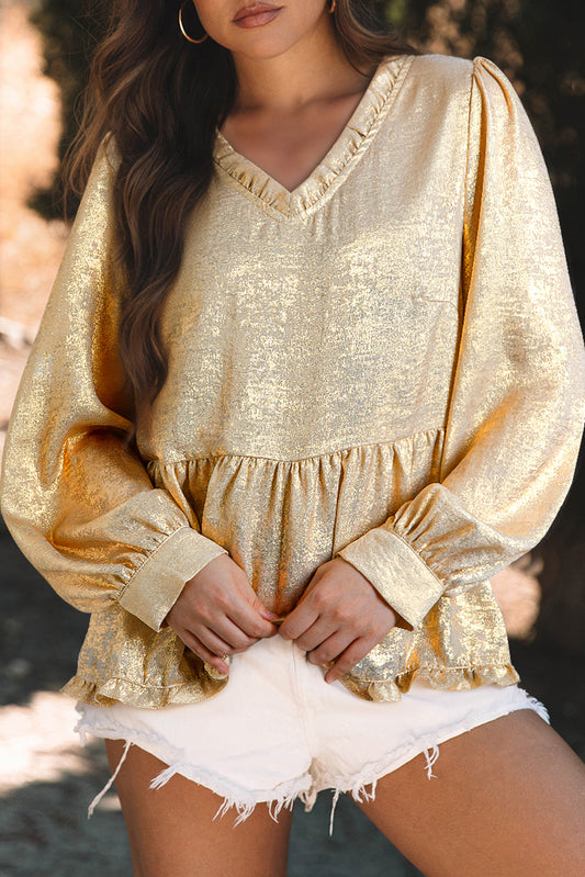 Metallic Frilled V Neck Puff Sleeve Babydoll Blouse