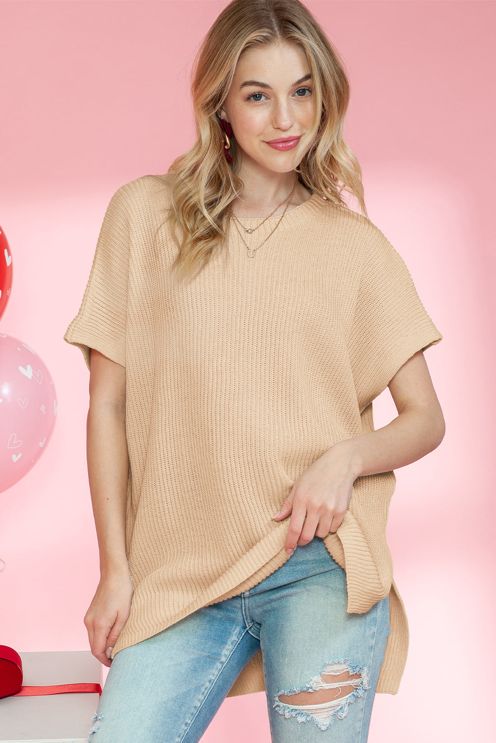 Top de punto de gran tamaño con mangas cortas estilo dolman y abertura lateral en color gris | S - XL | 3 COLORES
