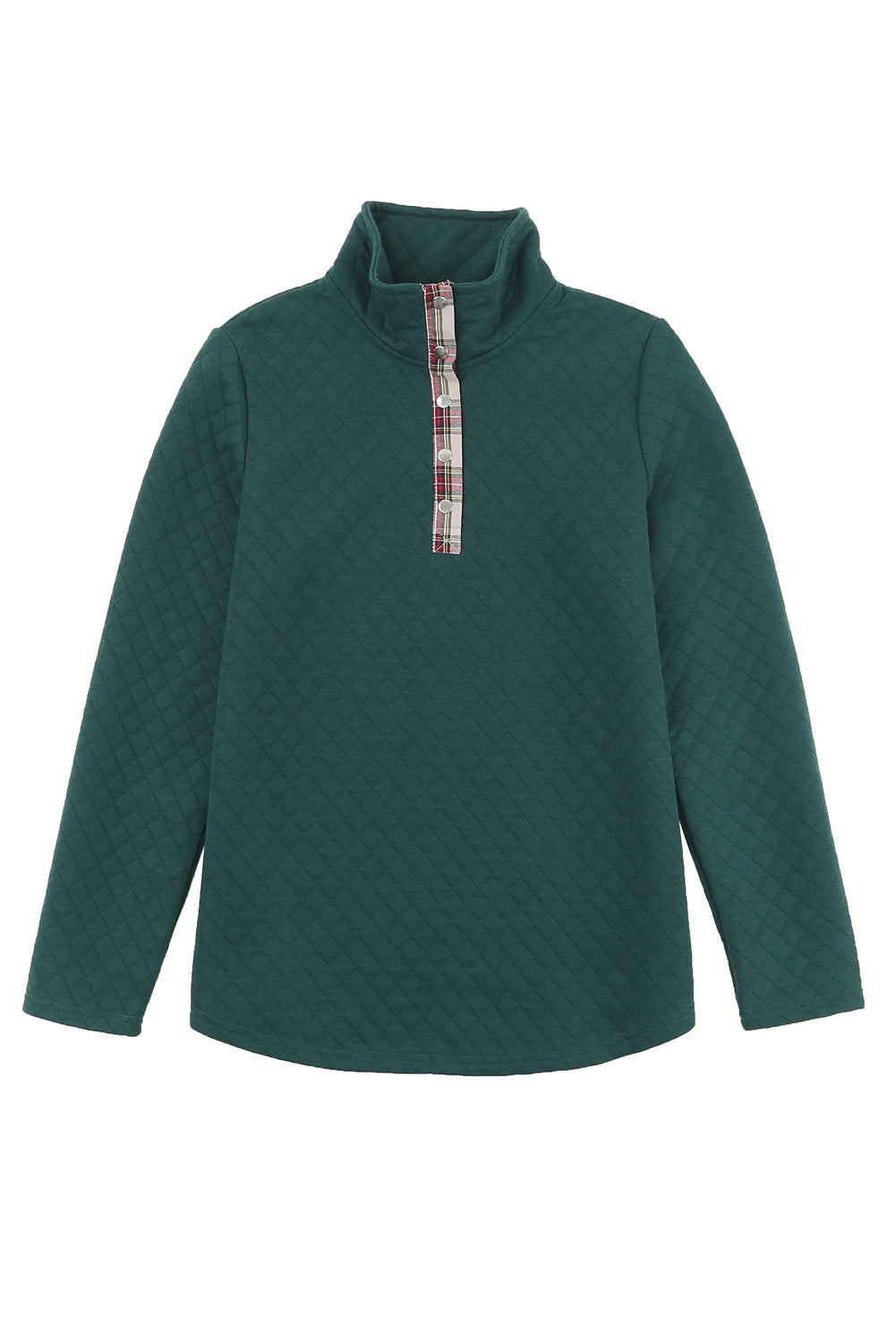 Green Plaid Geometric Texture Trim Buttons Neck Quilted Sweatshirt