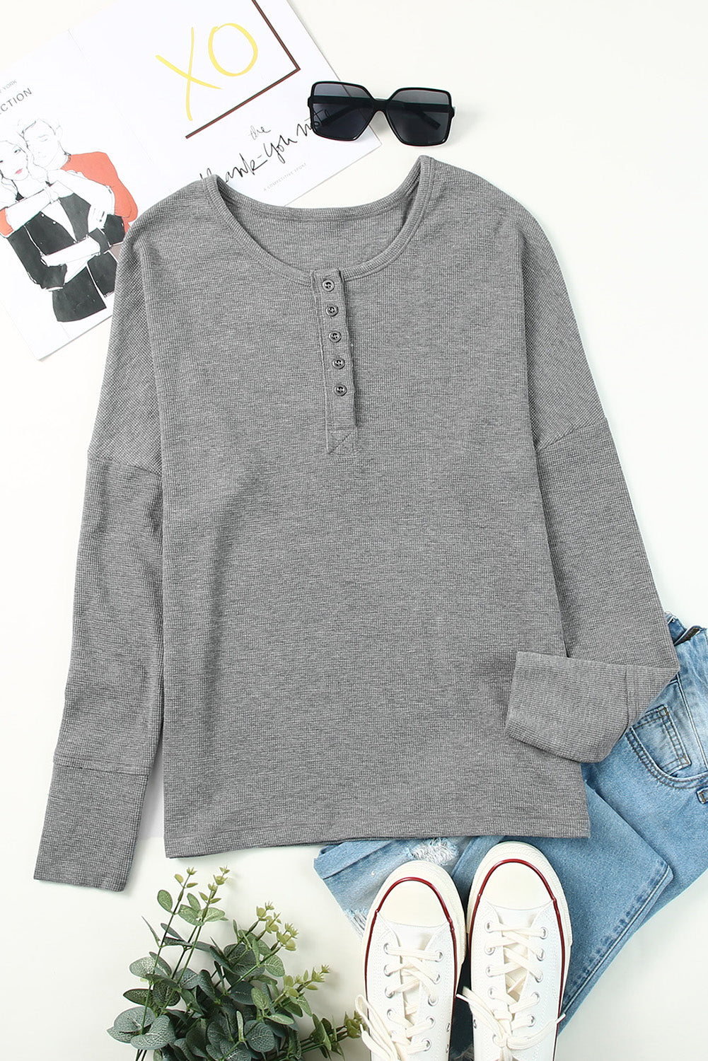 Camisa henley de manga larga de punto gofre gris para mujer