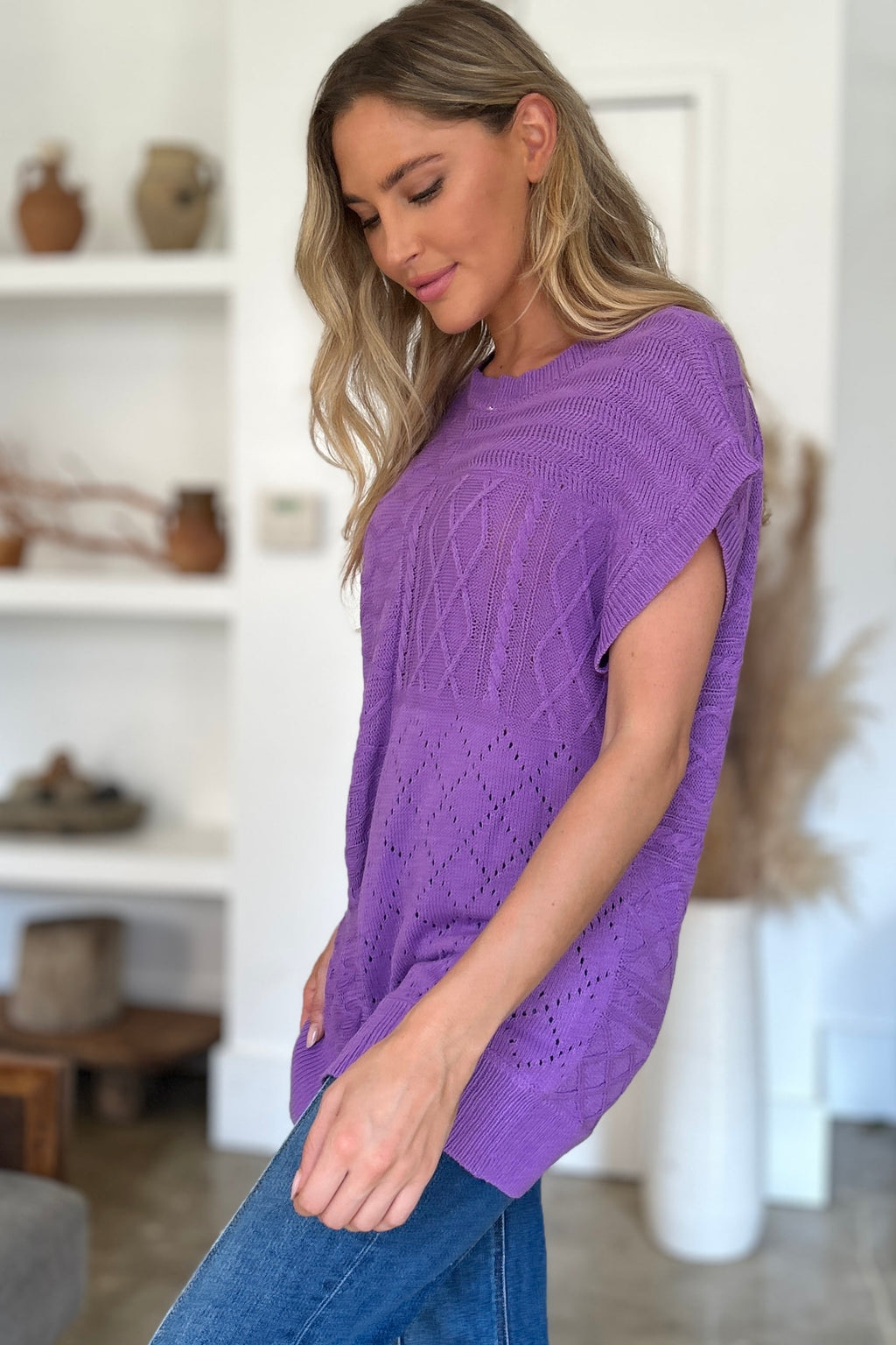 Suéter de cuello redondo y manga corta de punto trenzado de Double Take | Tallas grandes | S - XL | 2XL - 3XL | 5 COLORES
