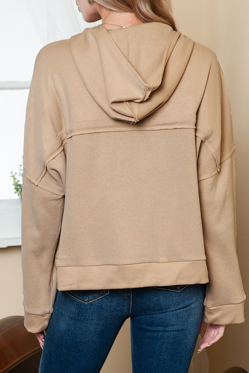 Black Solid Color Button Front Basic Pullover Hoodie