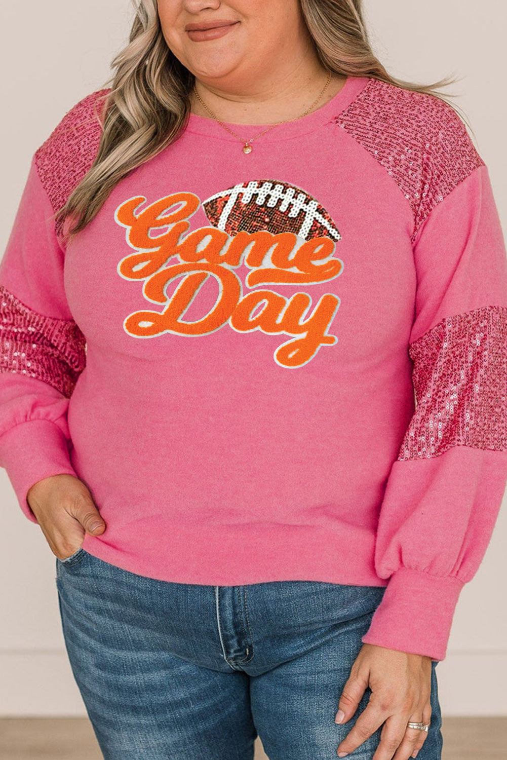 Pink Chenille Game Day Sequin Patchwork Sleeve Plus Top