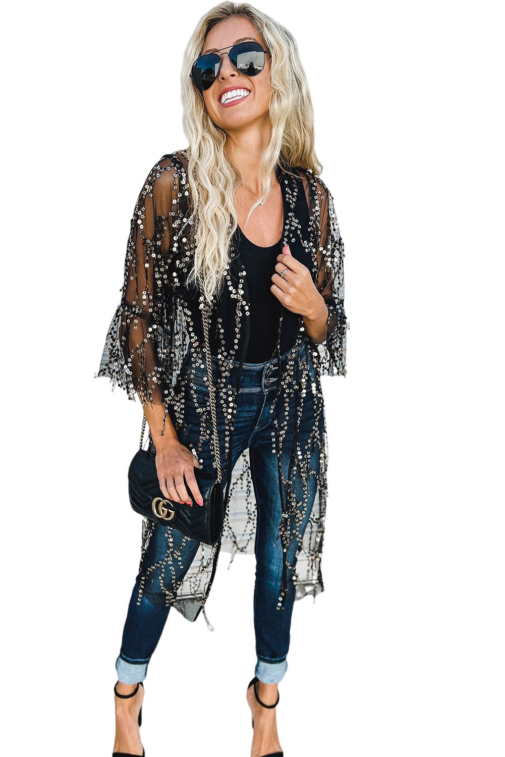 Black Sequin Sheer Casual Open Front Kimono