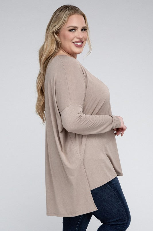 Plus Dolman Sleeve V-Neck Side Slit Hi-Low Hem Top