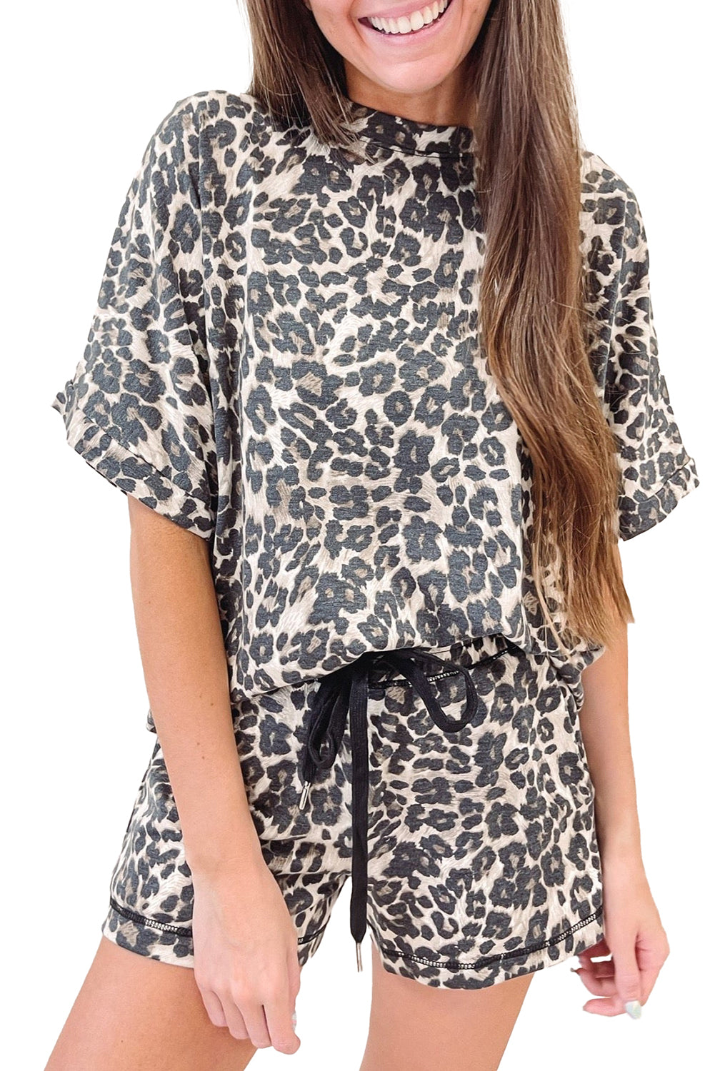 Black Leopard Print Tee and Shorts Pajama Set