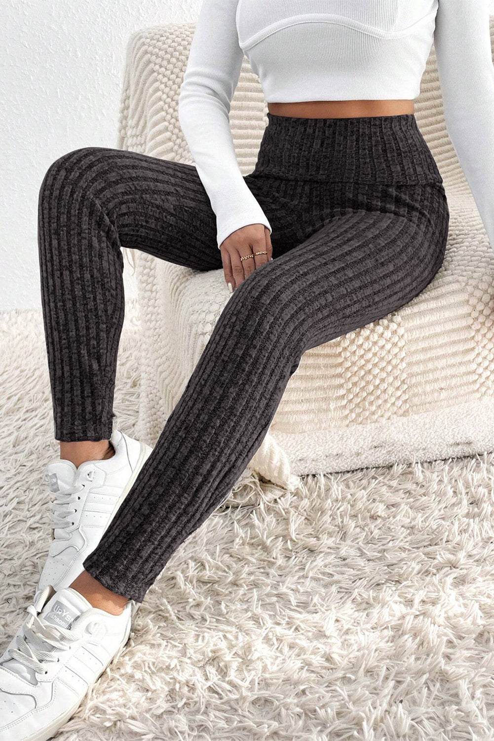 Leggings de punto texturizado acanalado con cintura ancha en color gris