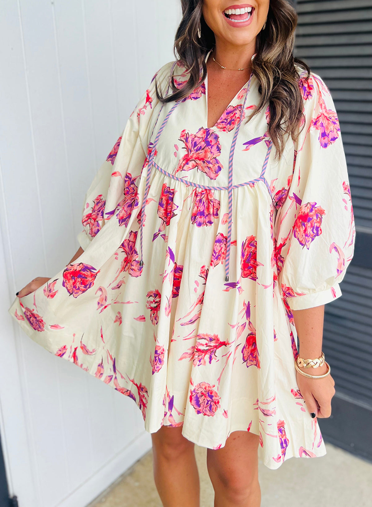 Pink Floral Print Balloon Sleeve V Neck Mini Dress