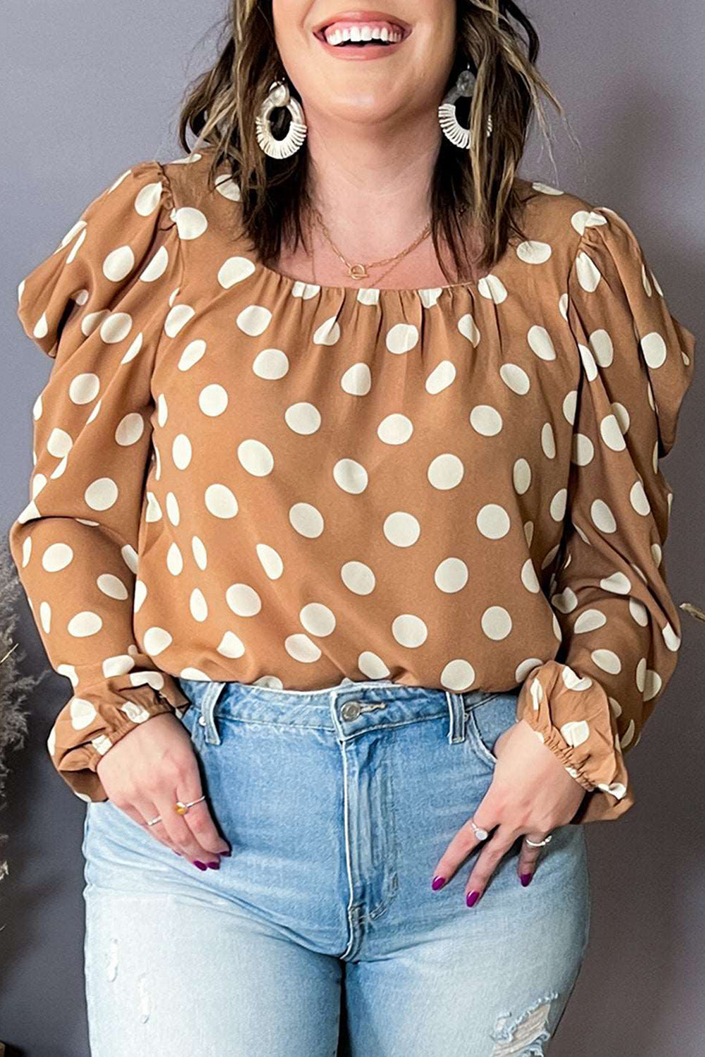 Khaki Plus Size Polka Dot Ruched Neckline Puff Sleeve Blouse