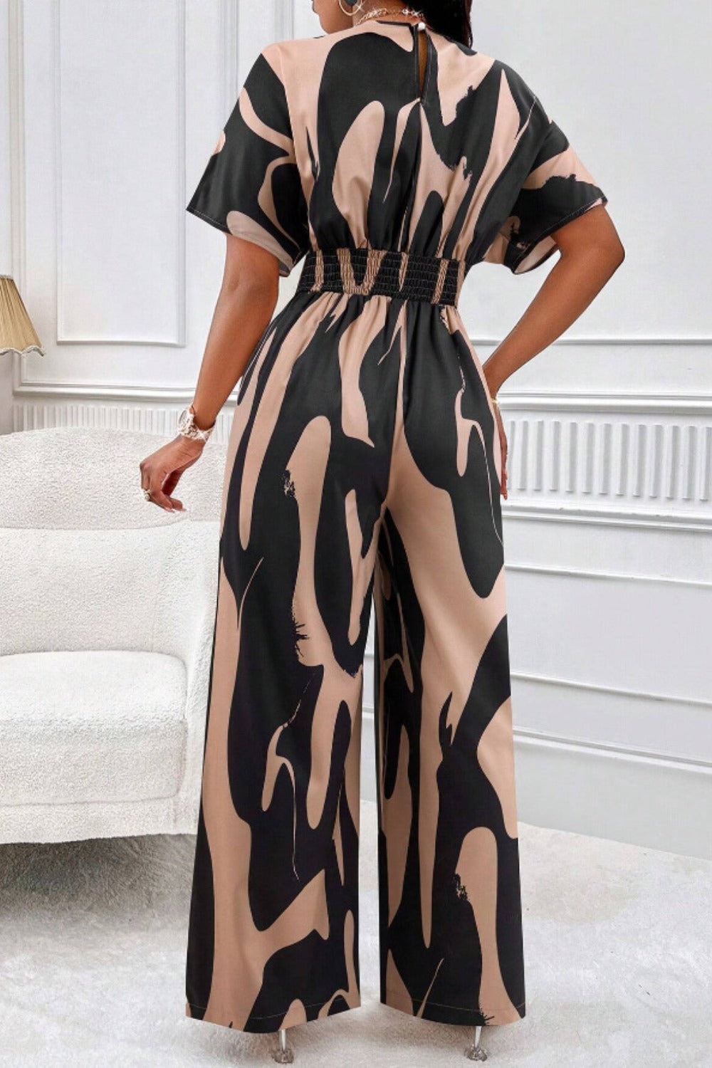 Printed V-Neck Short Sleeve Wide Leg Jumpsuit | S - 2XL | 4 COLORS