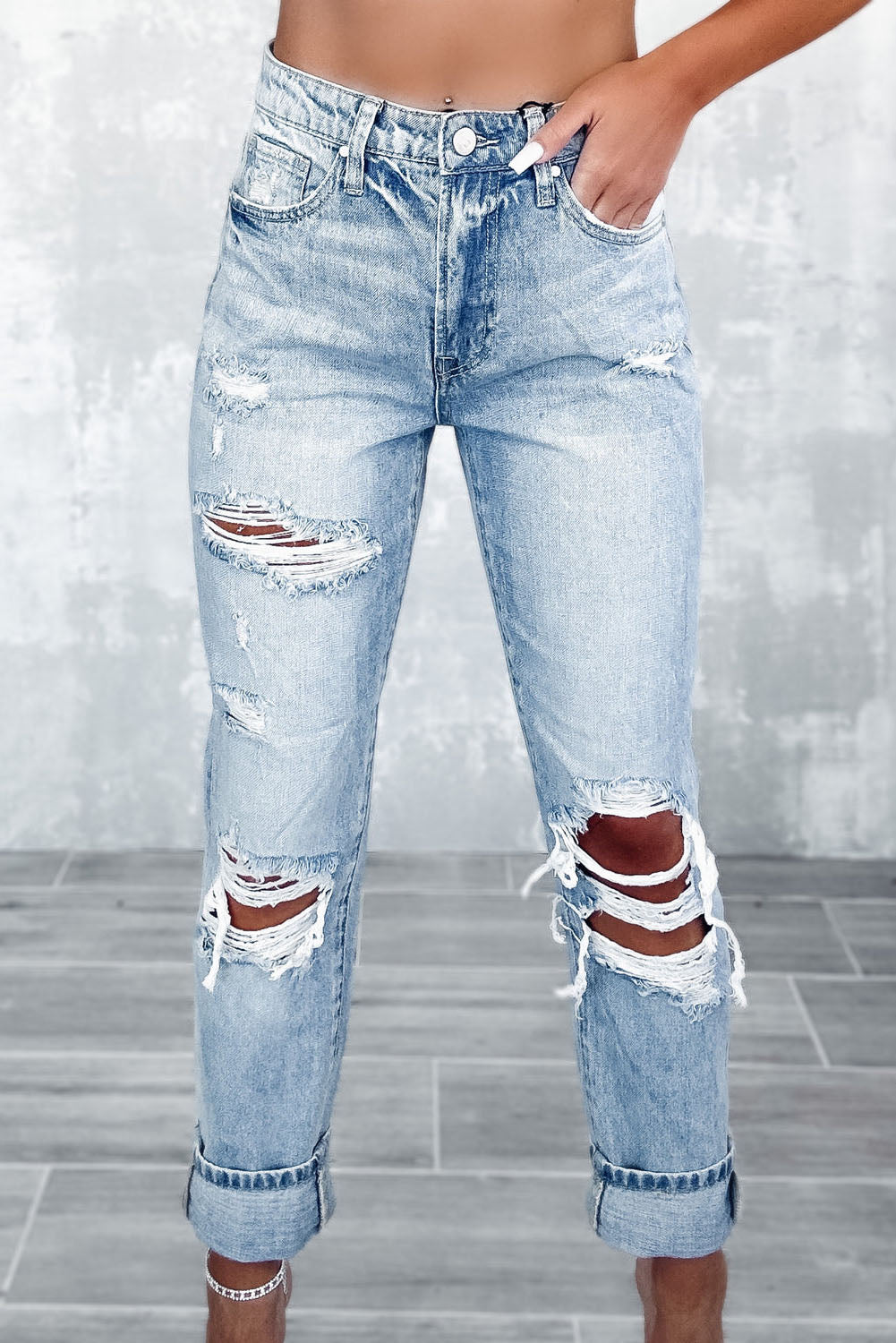 Sky Blue Light Wash Frayed Slim Fit High Waist Jeans