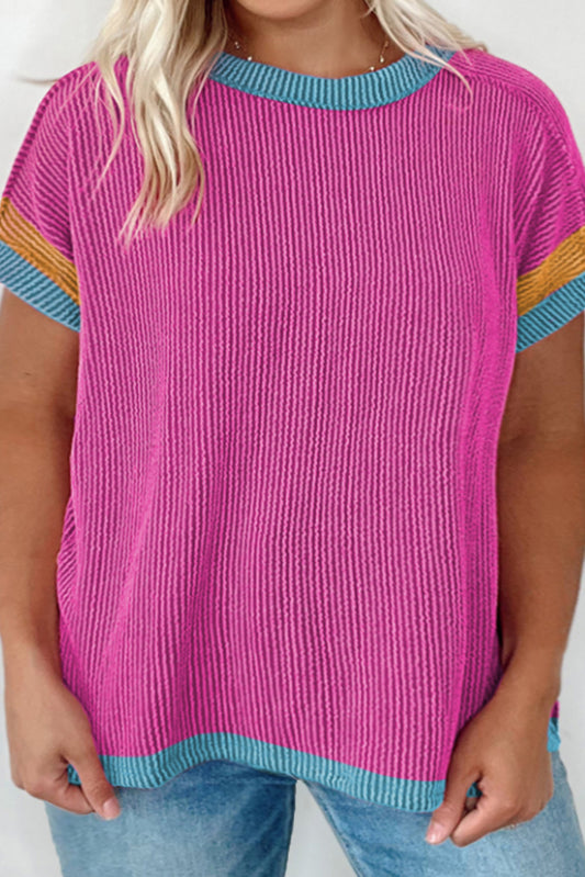 Blusa de talla grande con textura acordonada y ribete en contraste de color rojo rosa