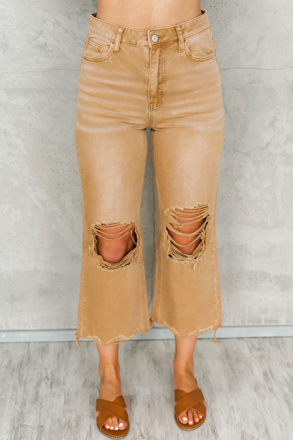 Brown Distressed Hollow-out High Waist Flare Jeans