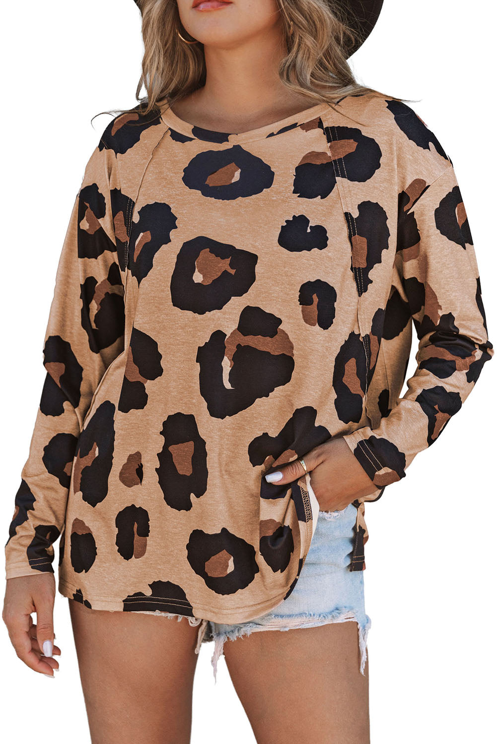 Blusa informal holgada de manga larga con estampado de leopardo blanco