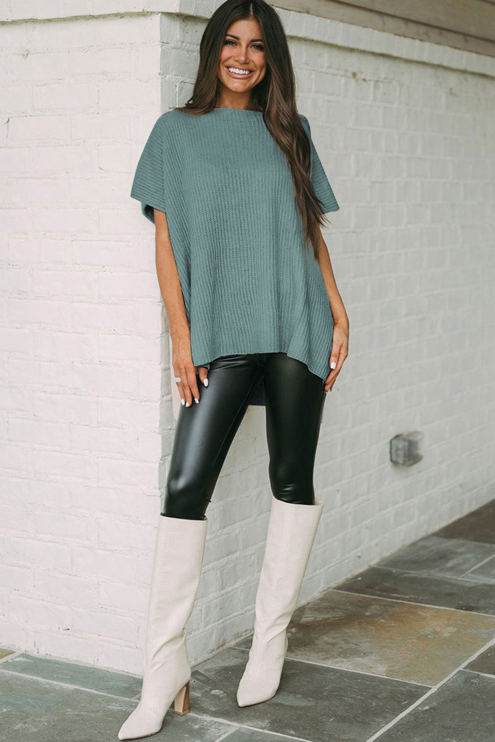 Top de punto de gran tamaño con mangas cortas estilo dolman y abertura lateral en color gris | S - XL | 3 COLORES