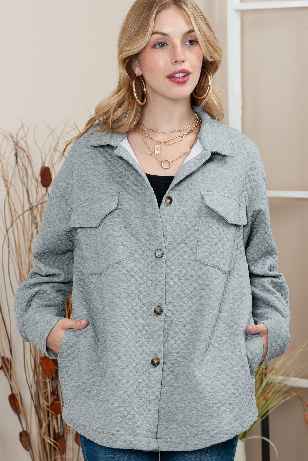 Chaqueta con botones y bolsillos con textura de celosía verde