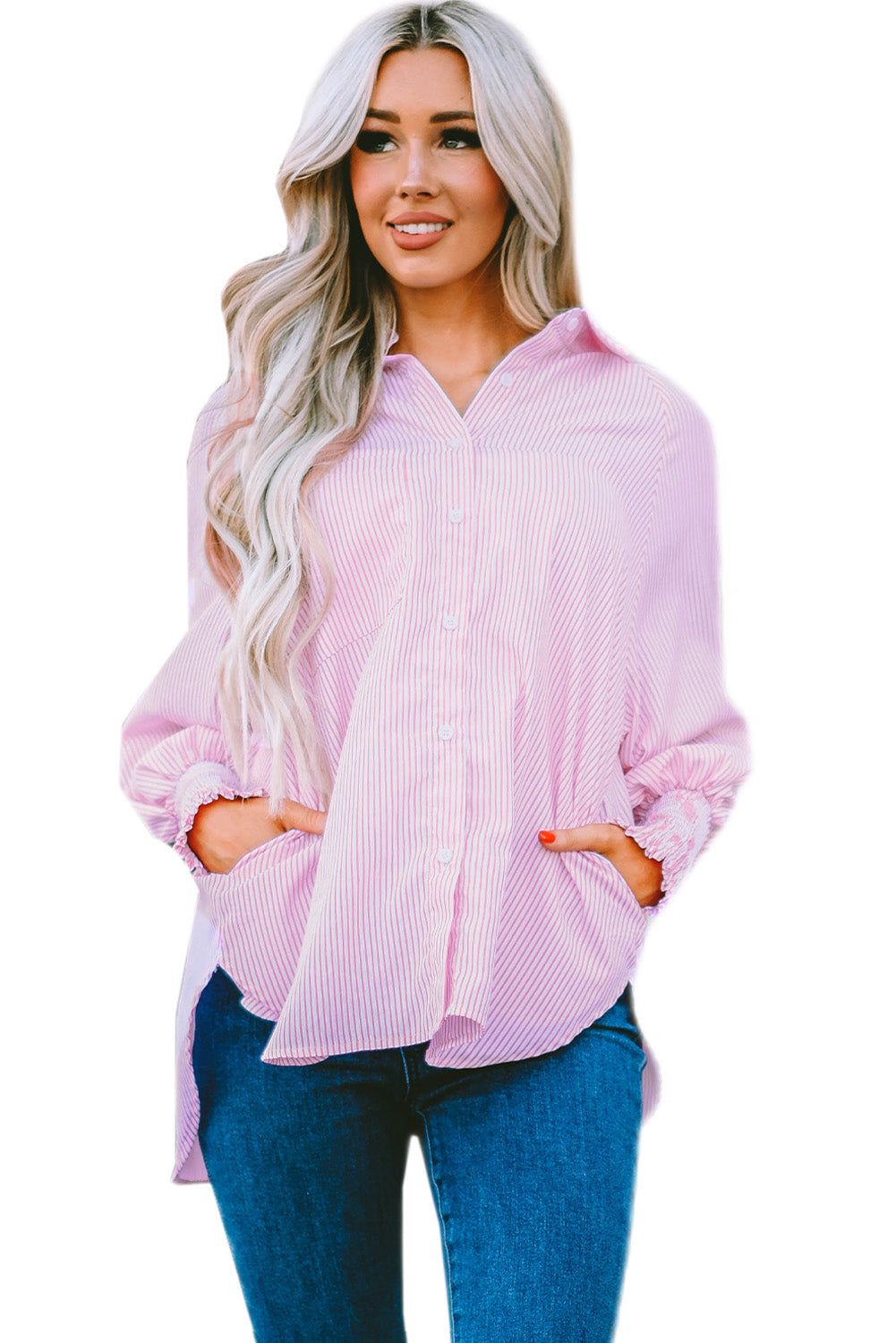 Camisa informal de rayas negras con puños fruncidos