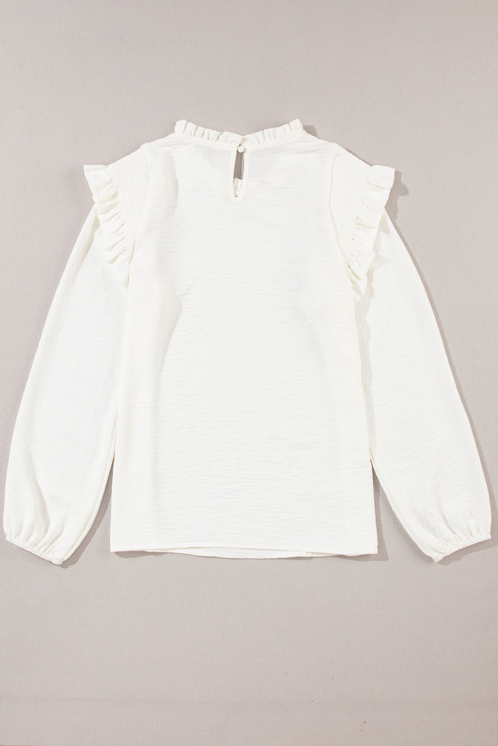 White Frilled Neck Ruffled Trim Bubble Sleeve Blouse