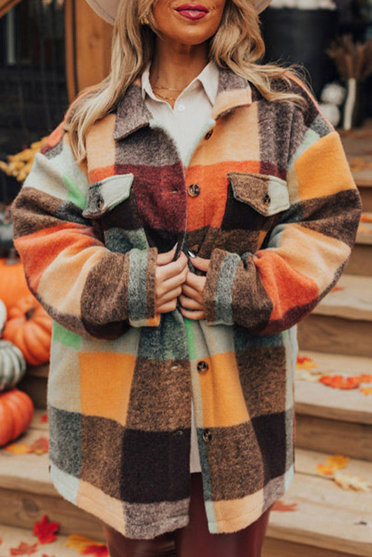 Orange Plaid Print Flap Pocket Shacket