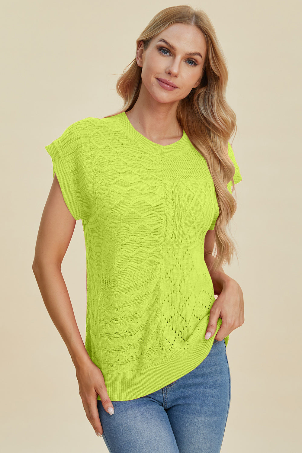 Double Take Full Size Cable-Knit Round Neck Cap Sleeve Sweater | S - XL | 2XL - 3XL | 5 COLORS