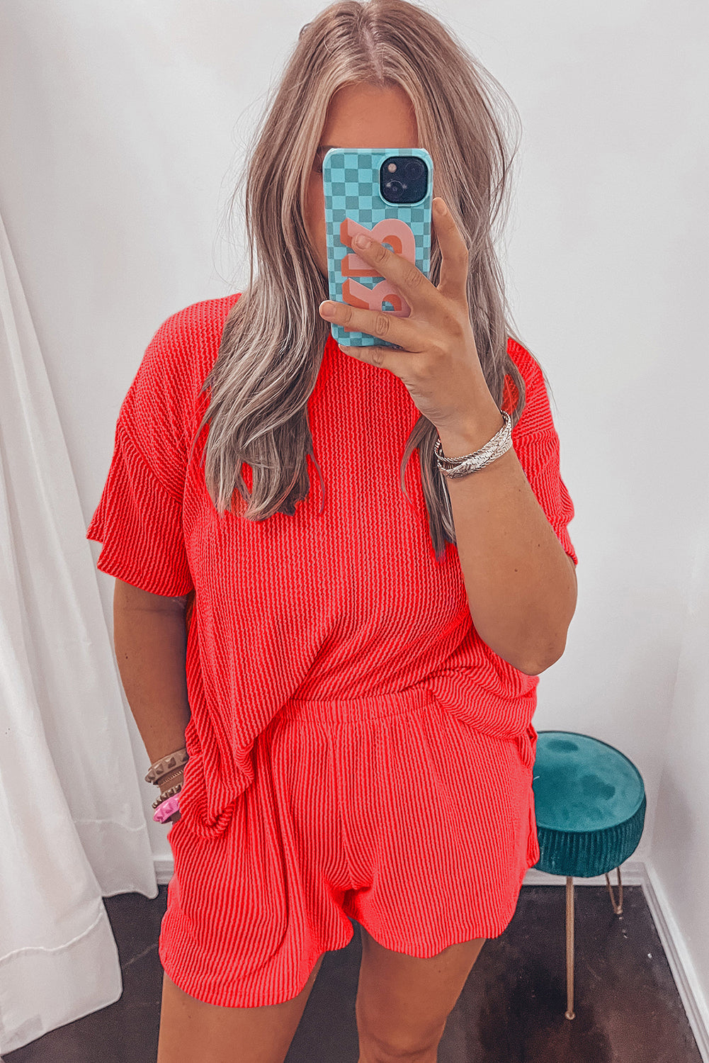 Conjunto de camiseta y pantalones cortos holgados de punto texturizado acanalado