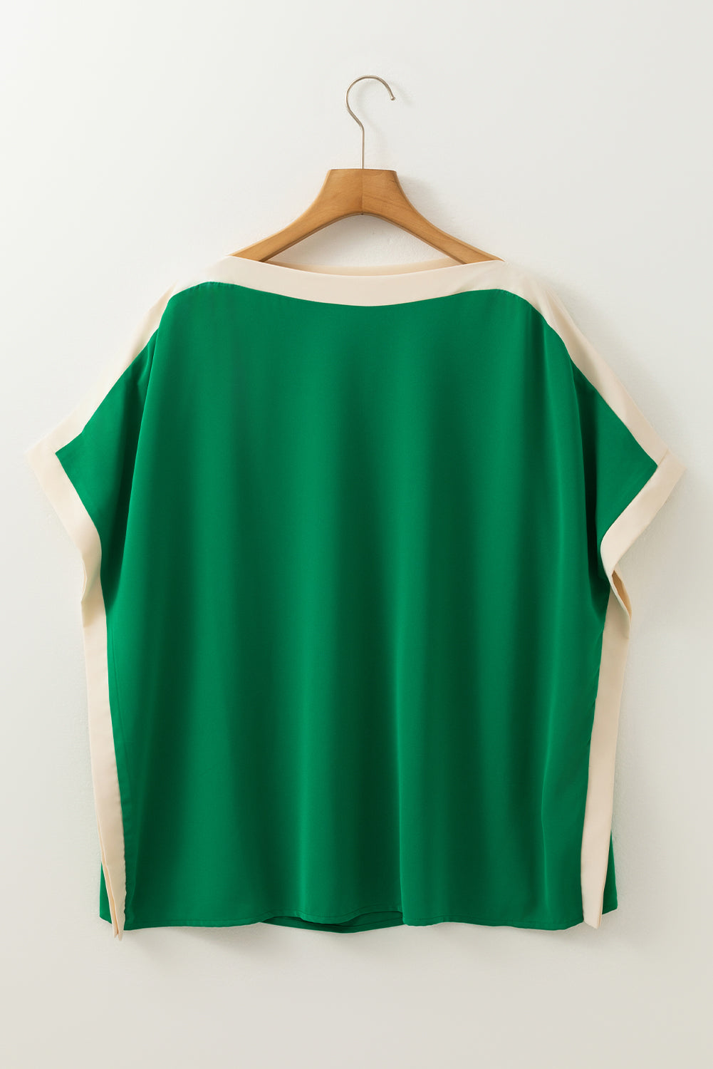 Green Colorblock Batwing Sleeve Boat Neck Blouse