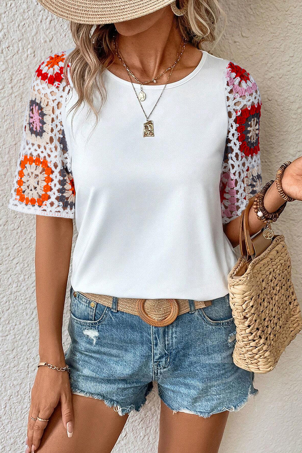 Camiseta con mangas de crochet y estampado floral ahuecado estilo boho turquesa