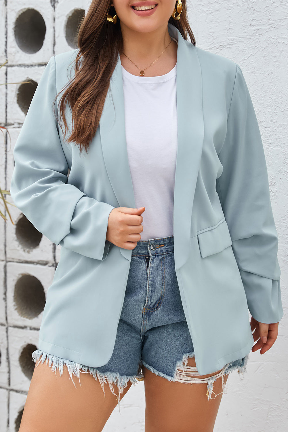 Blazer de solapa con bolsillos, suave y ligero, de talla grande, de color azul cielo 