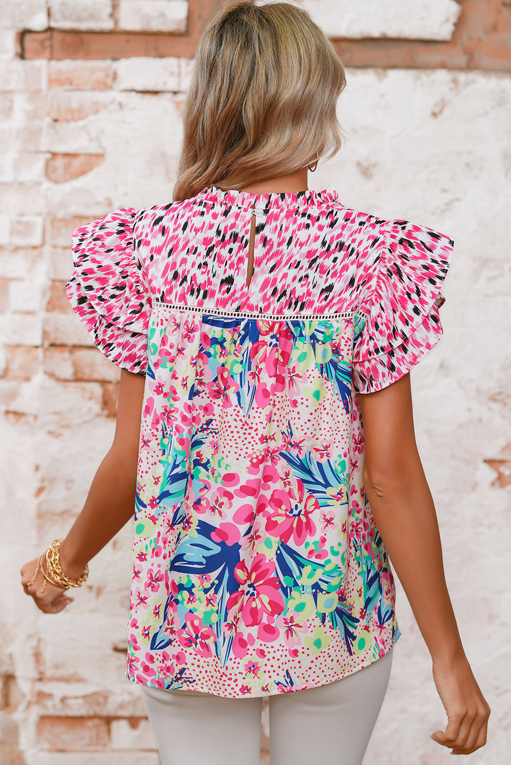 Red Floral Mixed Print Ruffle Cap Sleeve Blouse