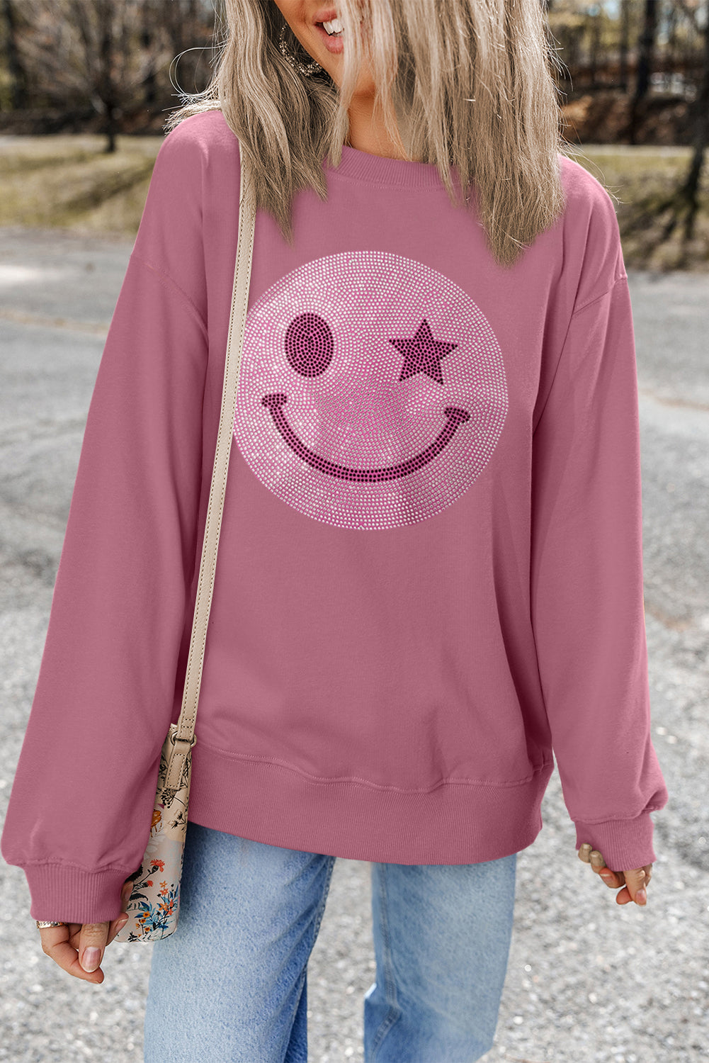 Valerian Rhinestoned Smile Graphic Crew Neck Sweatshirt