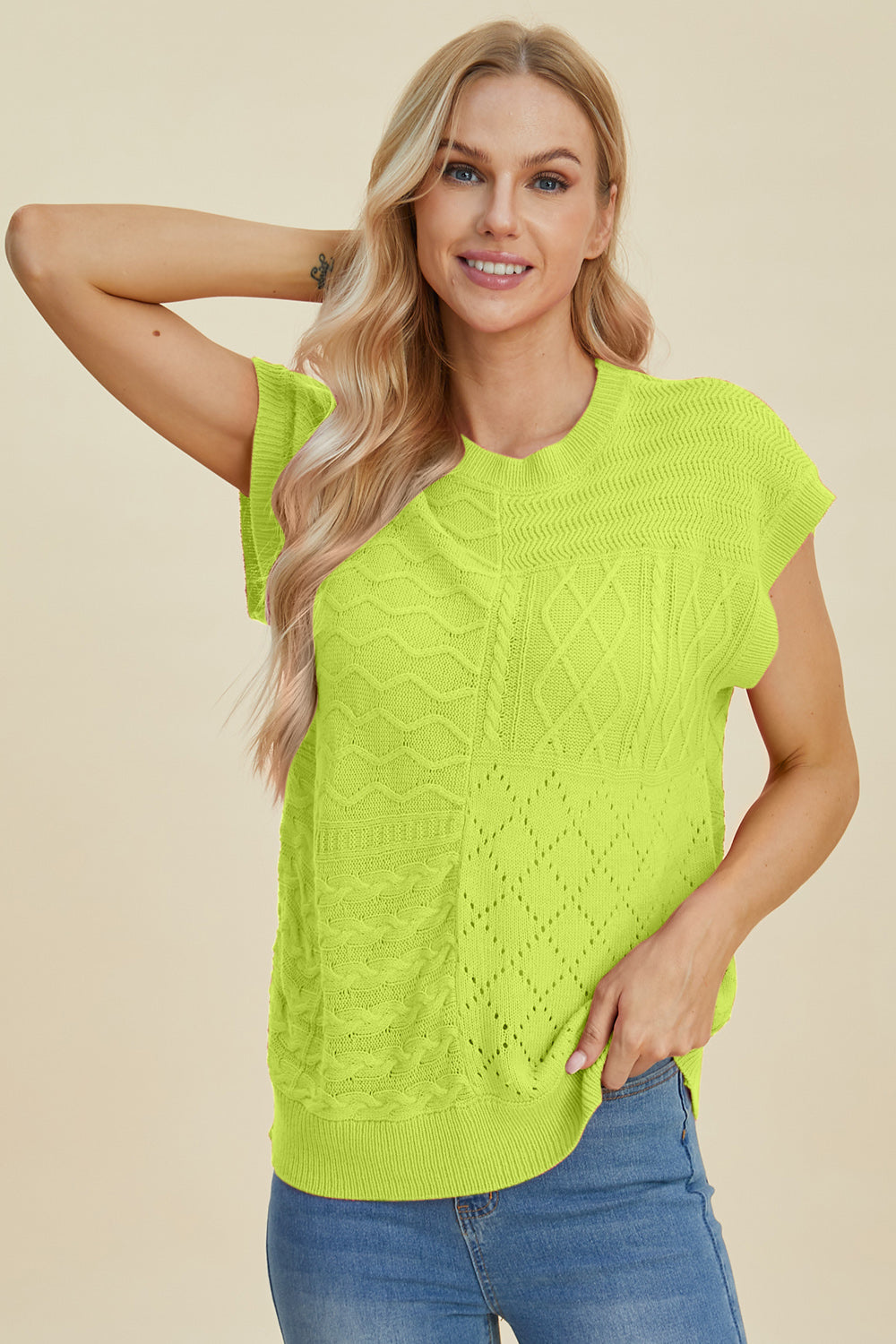 Double Take Full Size Cable-Knit Round Neck Cap Sleeve Sweater | S - XL | 2XL - 3XL | 5 COLORS