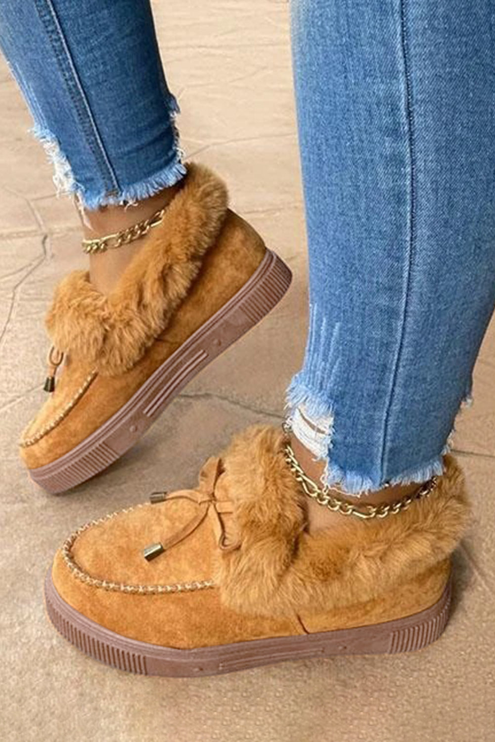 Brown Bow Decor Faux Suede Fur Lined Winter Booties