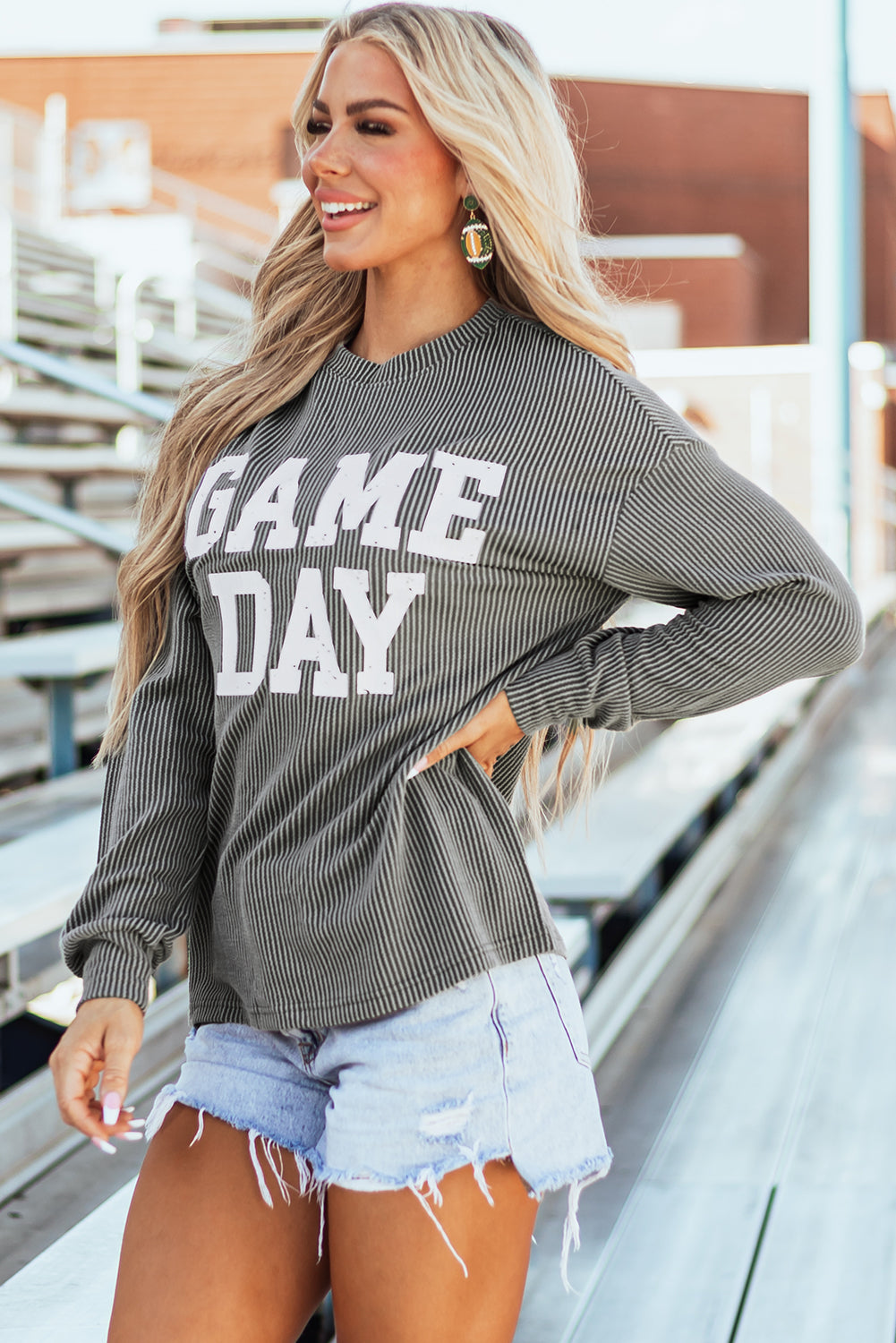 Dark Grey Corded GAME DAY Long Sleeve Crewneck Top