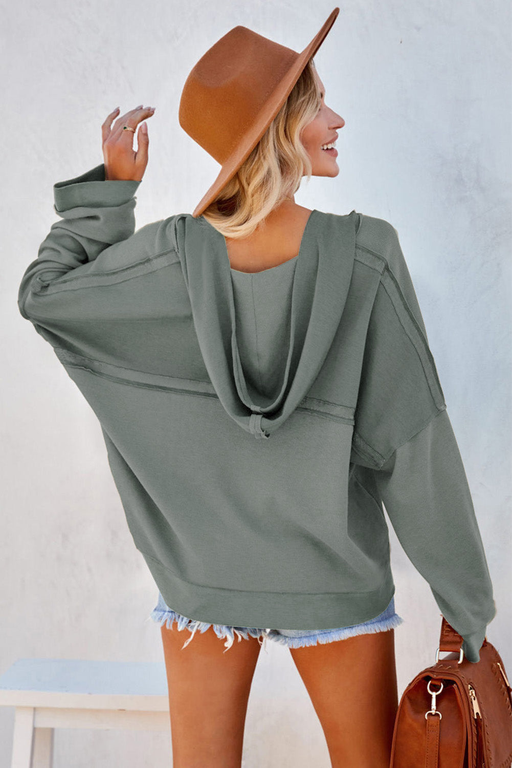 Black Solid Color Button Front Basic Pullover Hoodie