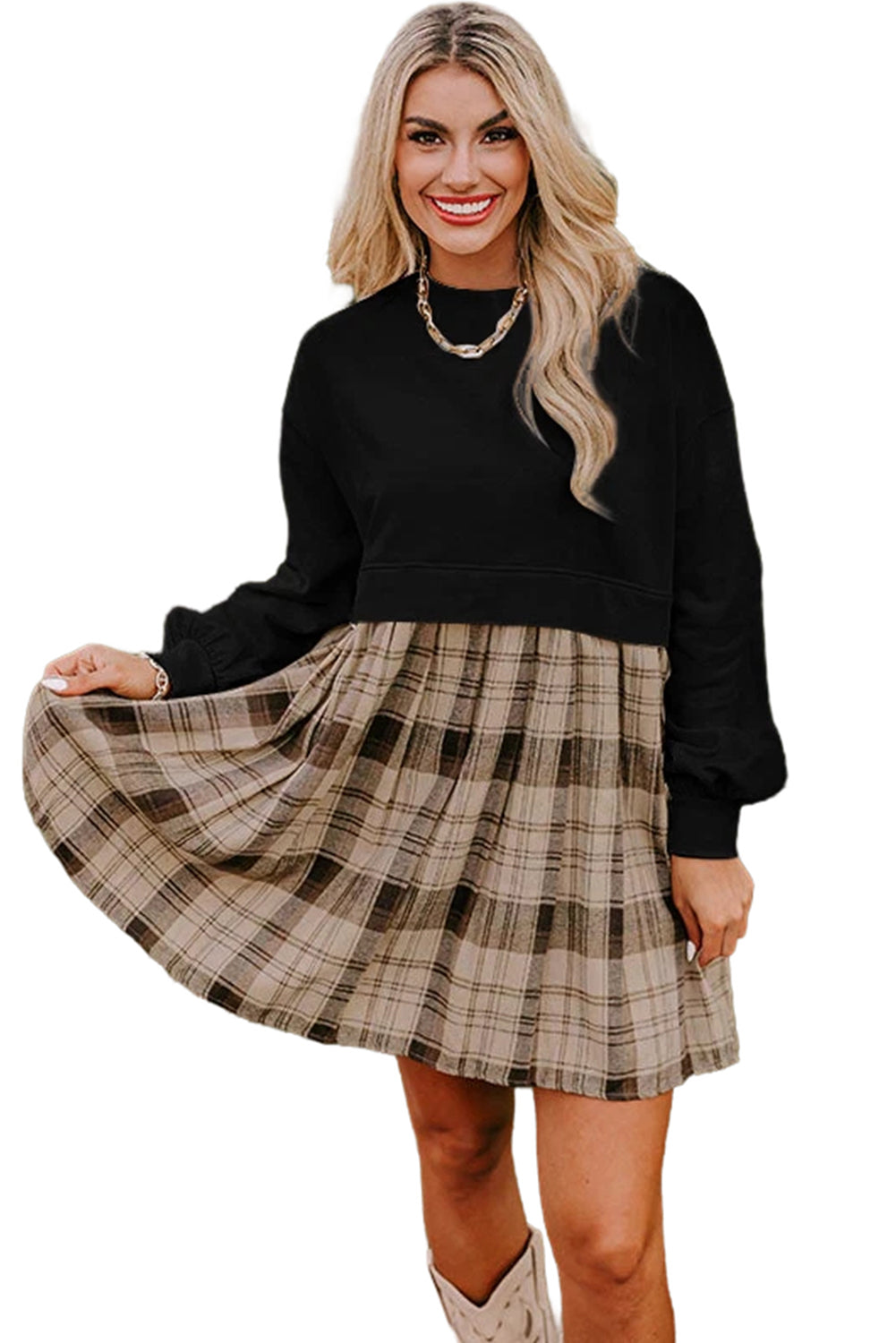 Black Plaid Patchwork High Waist Sweatshirt Mini Dress