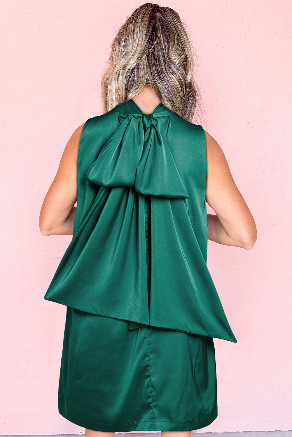 Evergreen Bow Tie Satin Sleeveless Mini Dress