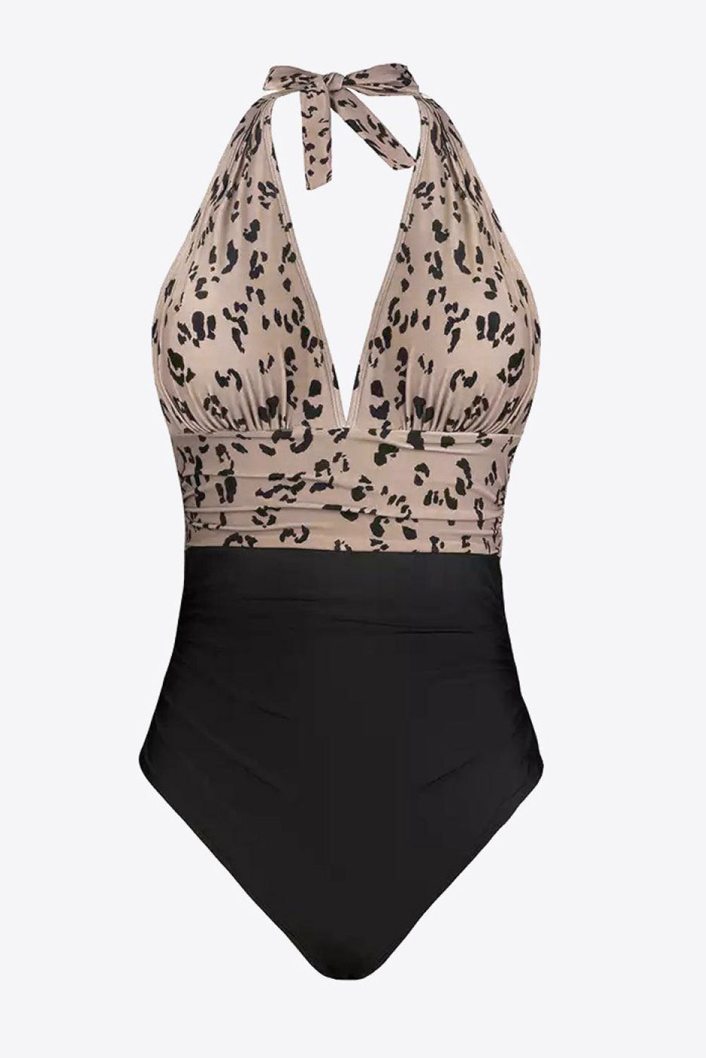 Traje de baño de una pieza con escote en V profundo, espalda descubierta y cuello halter de leopardo negro