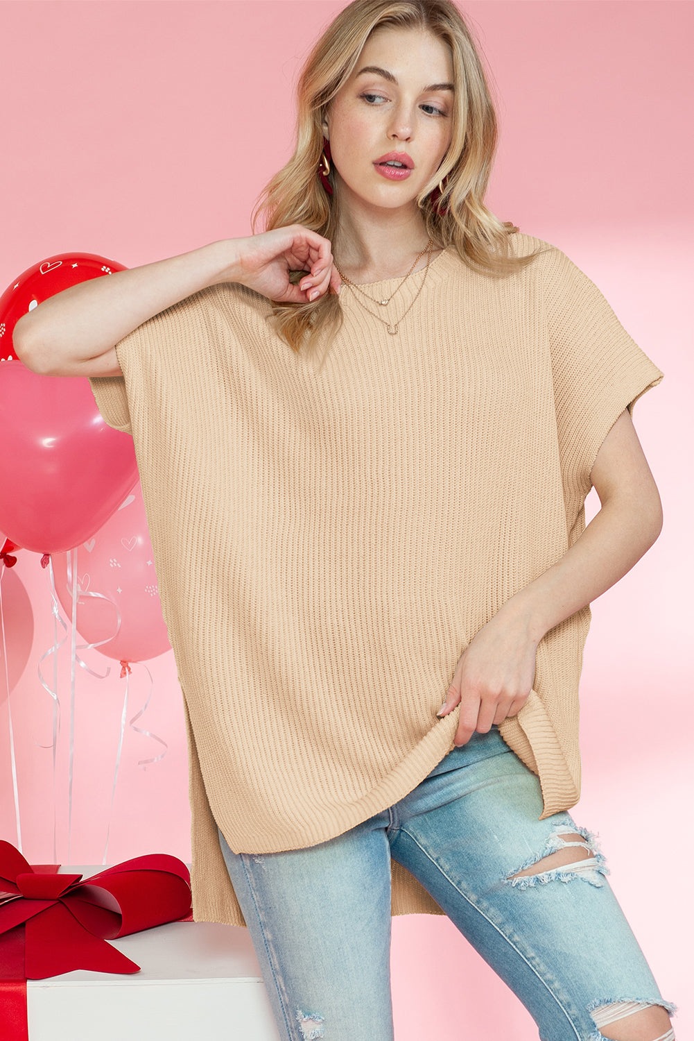 Top de punto de gran tamaño con mangas cortas estilo dolman y abertura lateral en color gris | S - XL | 3 COLORES