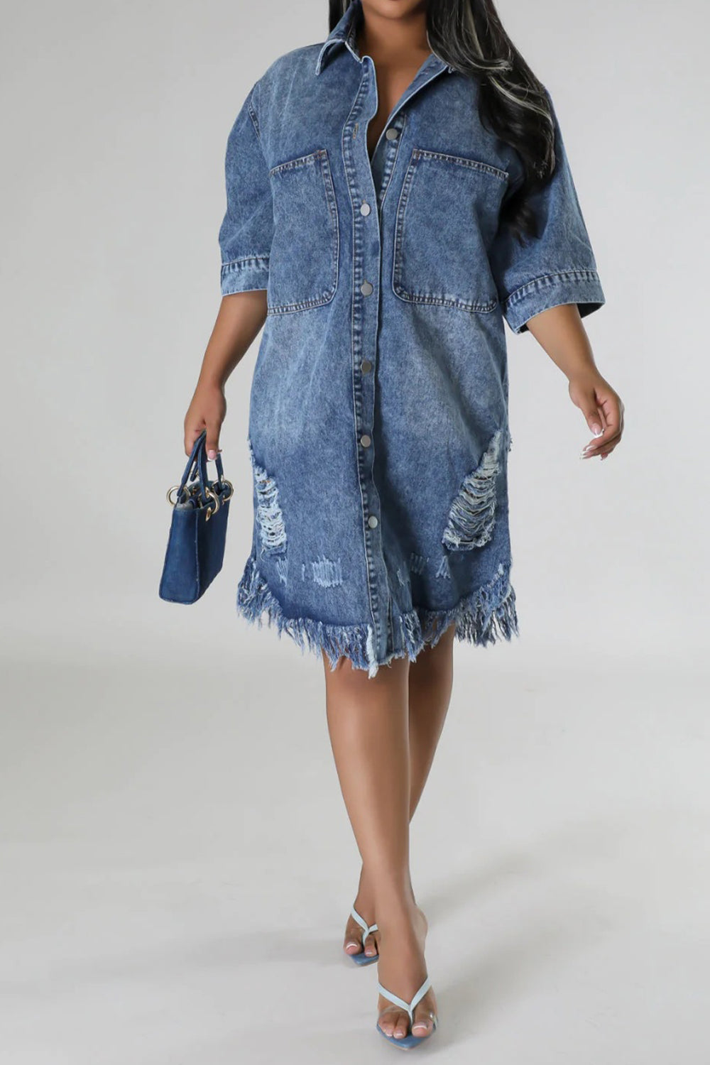 Distressed Raw Hem Button Up Denim Dress | S - 2XL | 2 COLORS