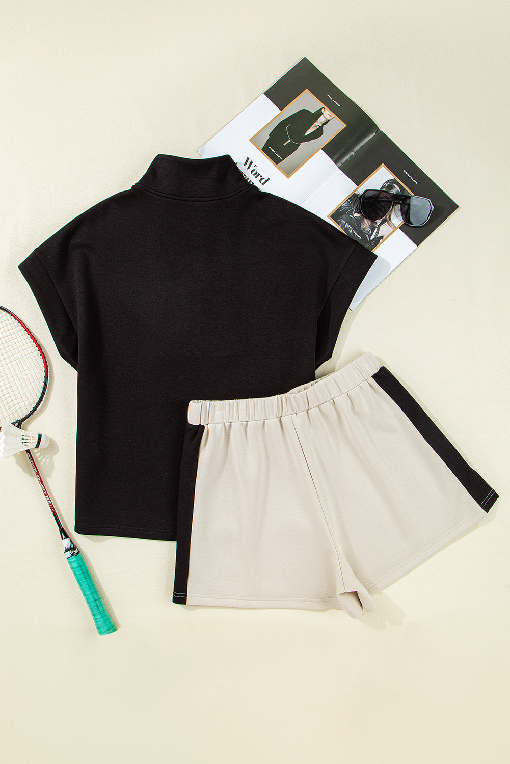 Black Colorblock Zipper Collar T Shirt and Shorts Set