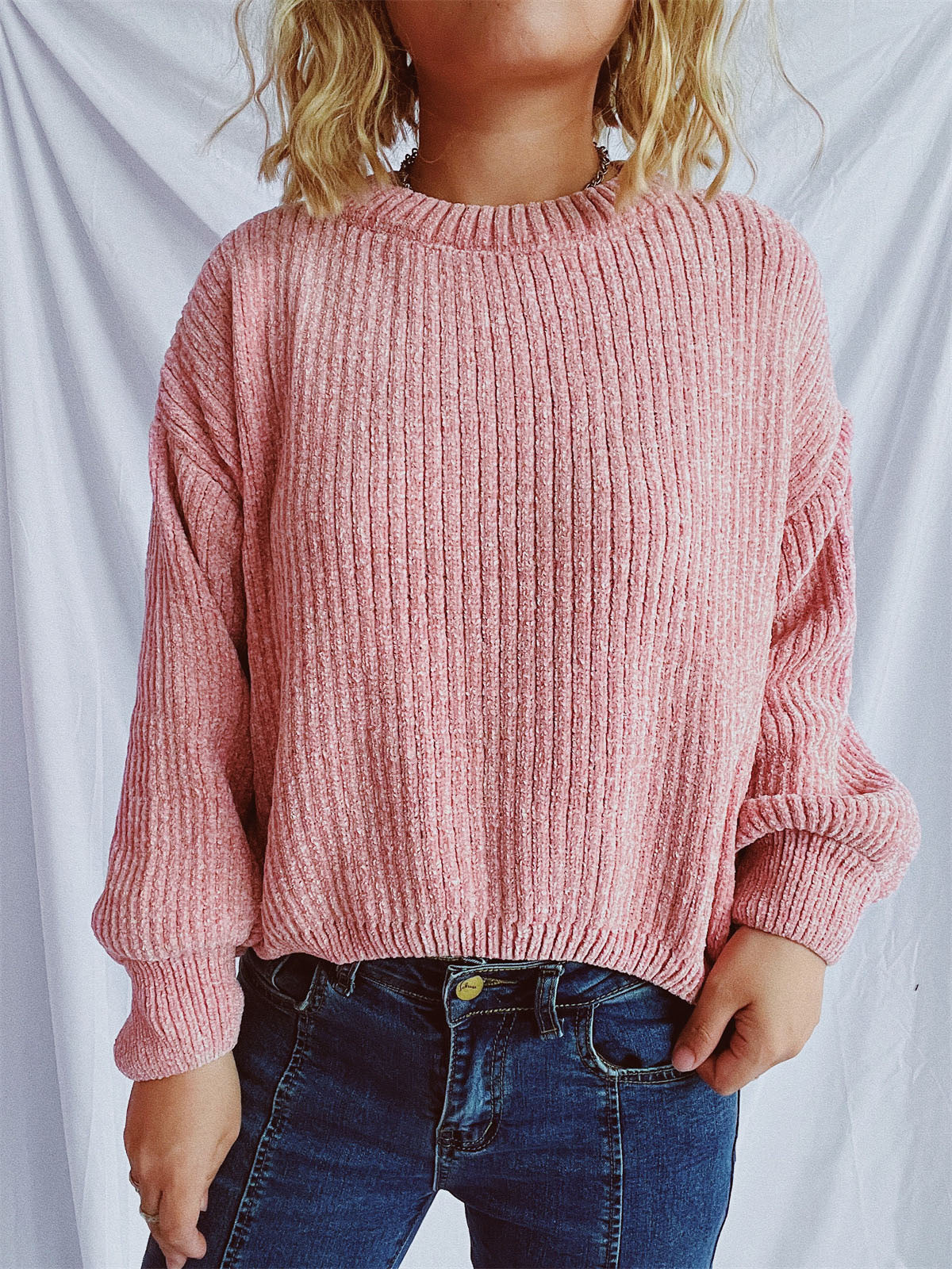 Round Neck Dropped Shoulder Chenille Long Sleeve Sweater