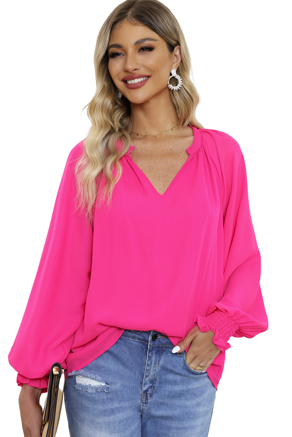 Blusa con escote en V, mangas abullonadas y plisada en rosa