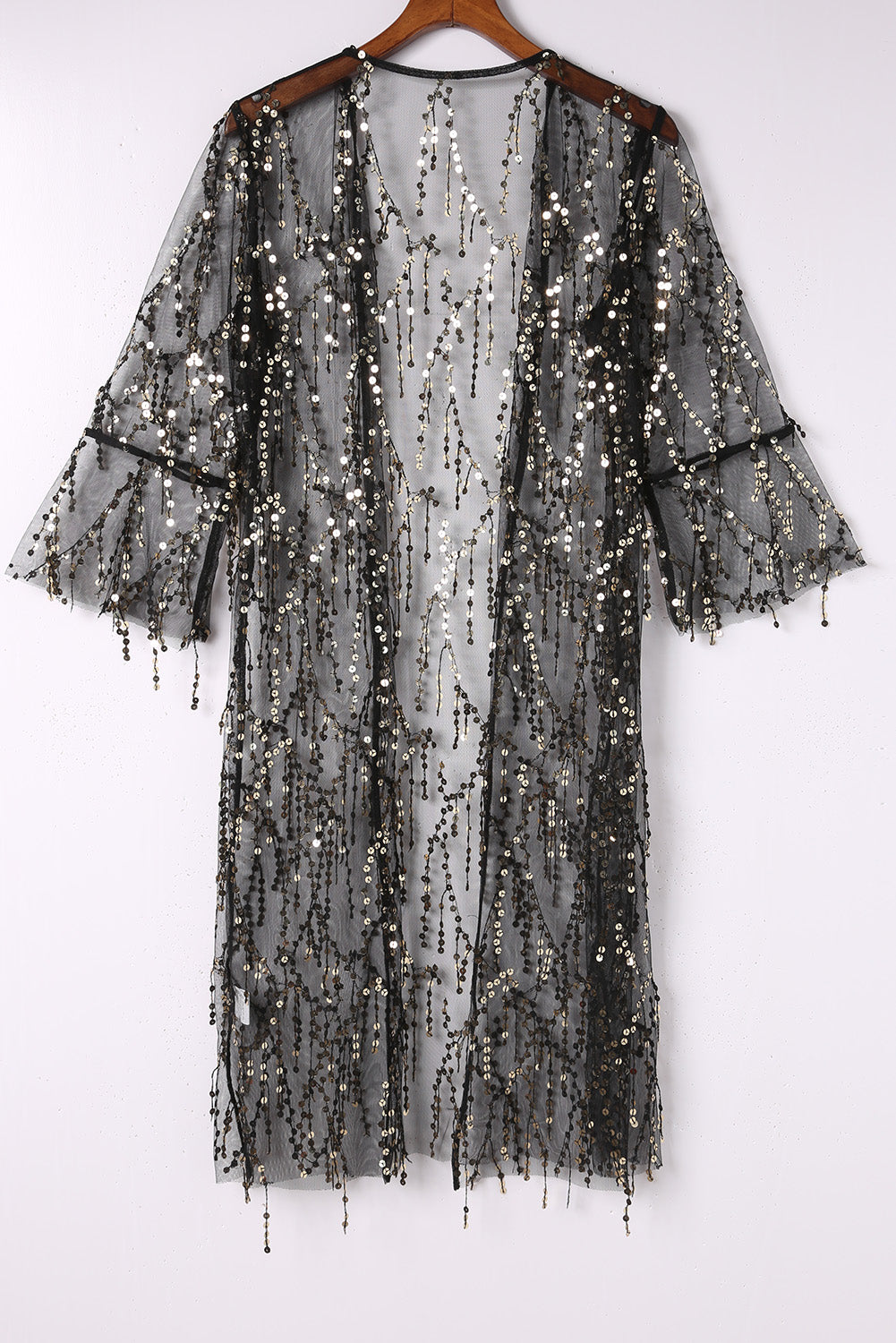 Black Sequin Sheer Casual Open Front Kimono