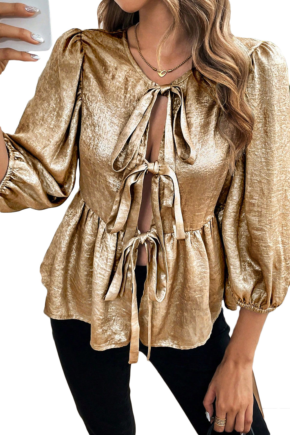 Gold Solid Color Bowknot Front Puff Sleeve Blouse