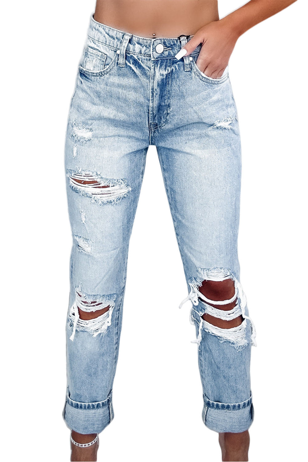 Sky Blue Light Wash Frayed Slim Fit High Waist Jeans